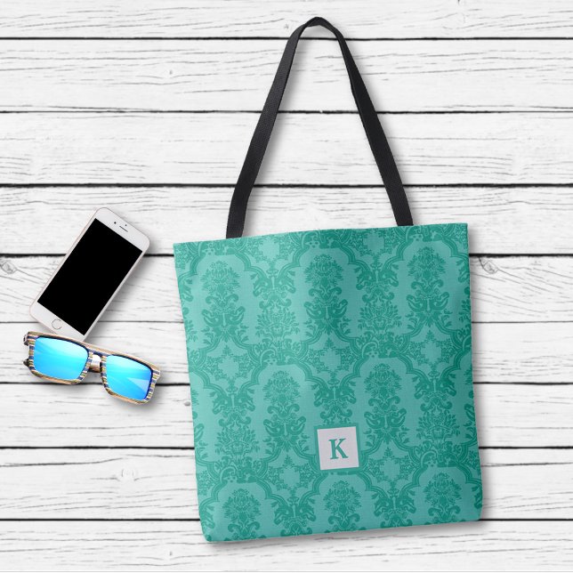 Classy Teal Blue Damask Pattern Monogram Tote Bag (Creator Uploaded)