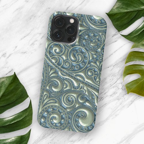 Classy Teal Blue Green Paisley Floral Art Pattern iPhone 15 Pro Max Case