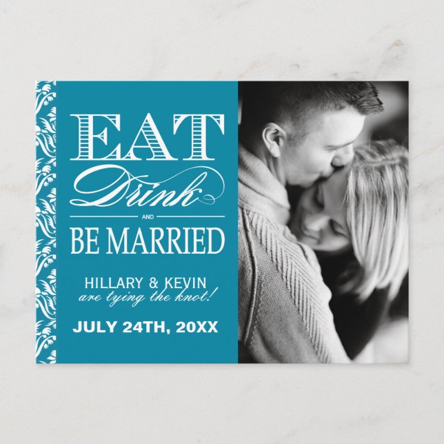 Classy Teal Damask Save the Date Announcement Postcard (Front)