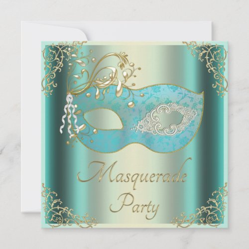 Classy Teal Gold Flourishes Mask Masquerade Party Invitation