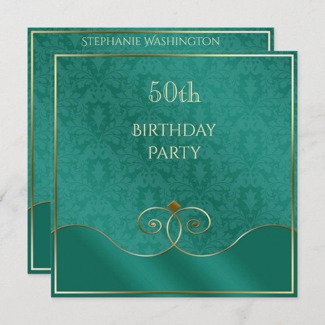 Classy Teal & Gold Swirls, Damask 50th Birthday Invitation (Front/Back)