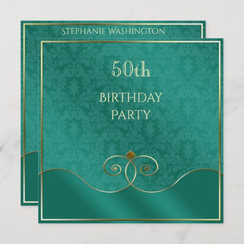 Classy Teal  Gold Swirls Damask 50th Birthday Invitation