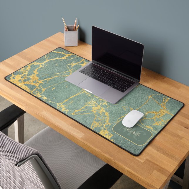 Classy Teal Marble Look with Name & initials Desk Mat (Office 2)