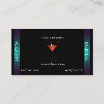 Classy Teal Metallic Martini Bartender Template Business Card by BartenderSchool at Zazzle