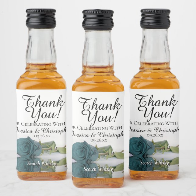 Classy Teal Reflecting Rose Wedding Thank You Mini Liquor Bottle Label (Bottles)