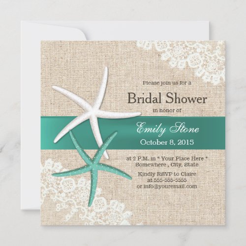 Classy Teal Starfish Lace &amp; Burlap Bridal Shower 5.25x5.25 Square Paper Invitatio...