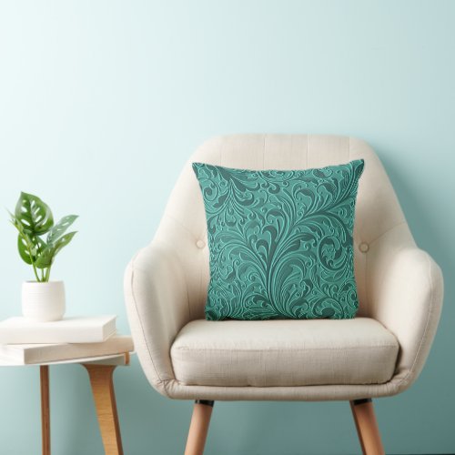 Classy Teal Turquoise Faux Leather Floral Pattern Throw Pillow
