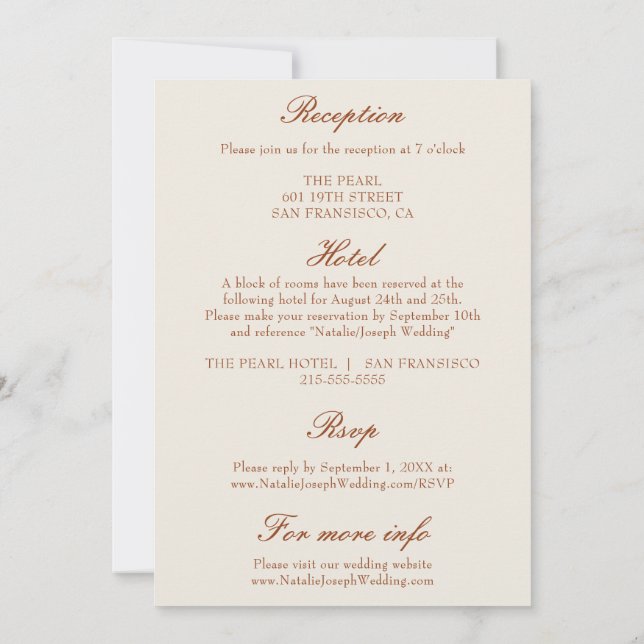 Classy Terracotta Burnt Orange All  In One Wedding Invitation (Back)
