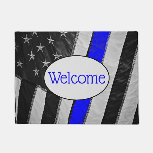 Classy Thin Blue Line American Flag Welcome Doormat