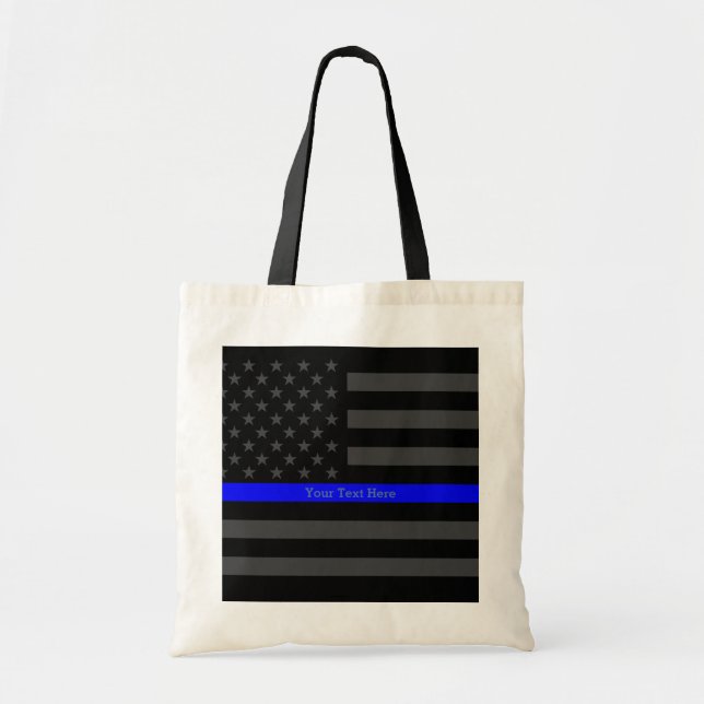 Classy Thin Blue Line Personalized Black US Flag Tote Bag (Front)