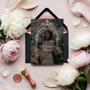 Classy Tiara Celestial Moon Star Photo Quinceañera Foil Invitation