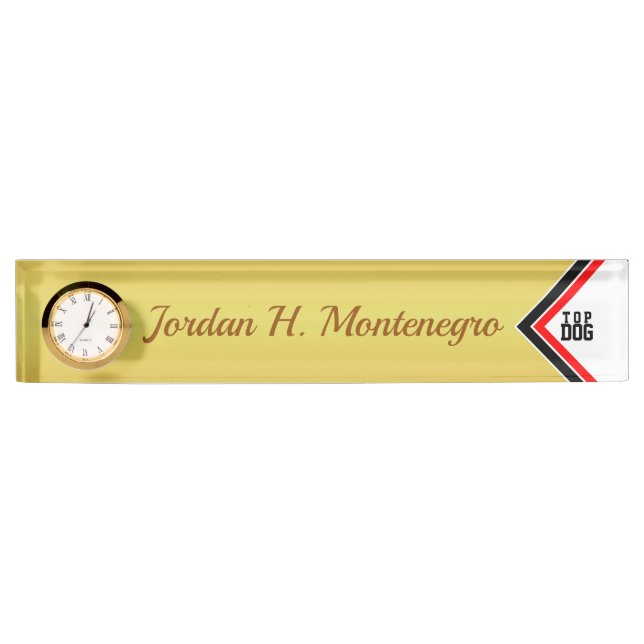 Classy TOP DOG (Your Name) Gold Background Desk Name Plate (Front)