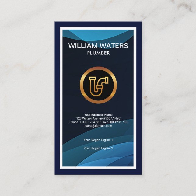 Classy Trendy White Borders Blue Waves Plumber Business Card (Front)
