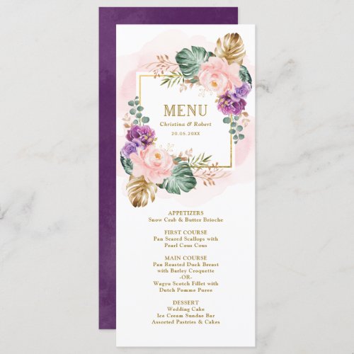 Classy Tropical Floral Blush Violet Wedding Menu Invitation