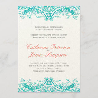 Classy Turquoise and Coral Wedding Invitations