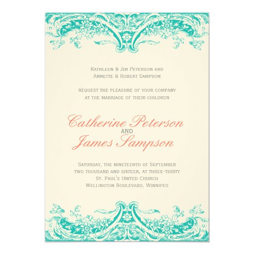 Classy Turquoise and Coral Wedding Invitations | Zazzle