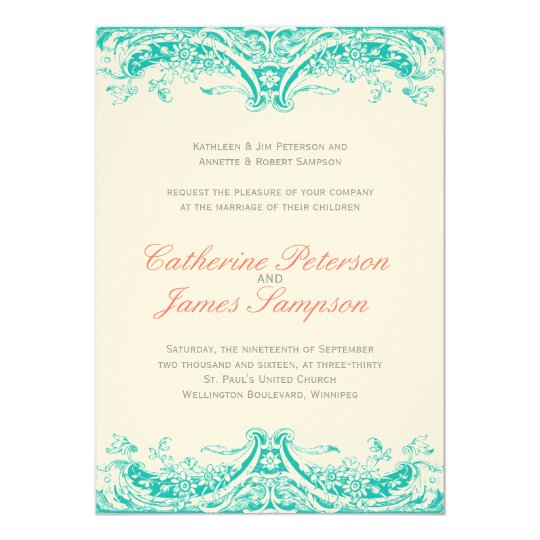 Classy Turquoise And Coral Wedding Invitations Zazzle Com