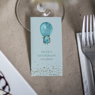 Classy Turquoise Balloon Glitter Event Planner Business Card