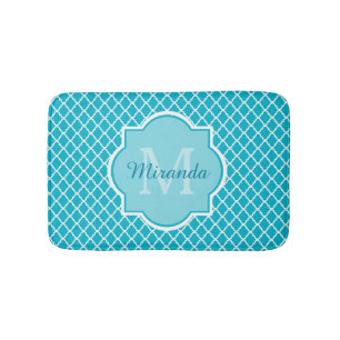 Classy Turquoise Blue Quatrefoil Monogram and Name Bathroom Mat