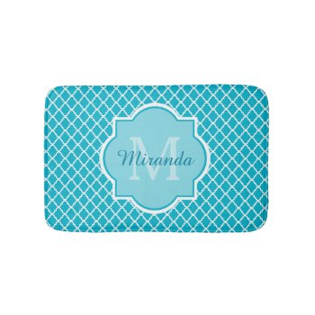 Classy Turquoise Blue Quatrefoil Monogram And Name Bathroom Mat by ohsogirly at Zazzle