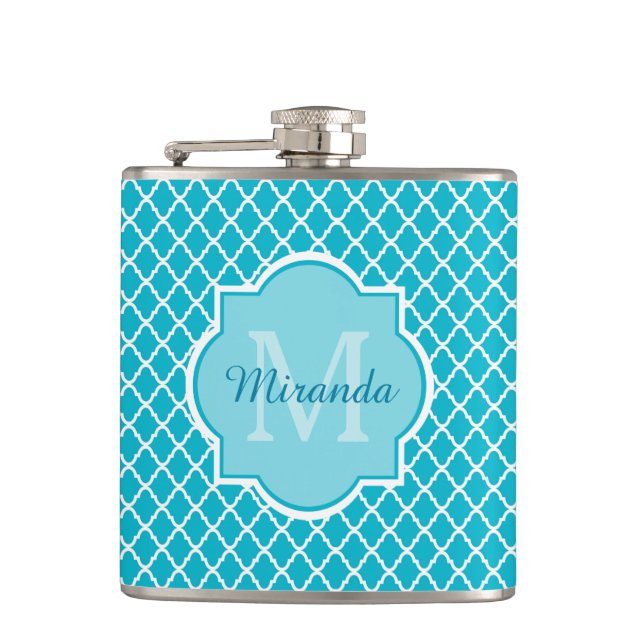 Classy Turquoise Blue Quatrefoil Monogram and Name Hip Flask (Front)