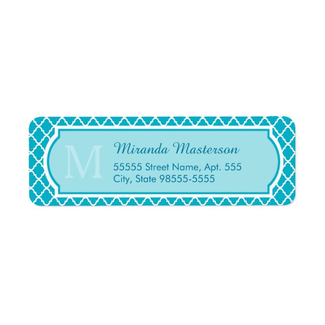 Classy Turquoise Blue Quatrefoil Monogram and Name Label (Front)