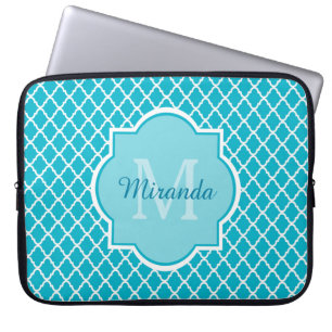 Classy Turquoise Blue Quatrefoil Monogram and Name Laptop Sleeve