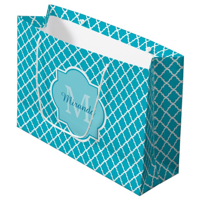 Classy Turquoise Blue Quatrefoil Monogram and Name Large Gift Bag (Front Angled)
