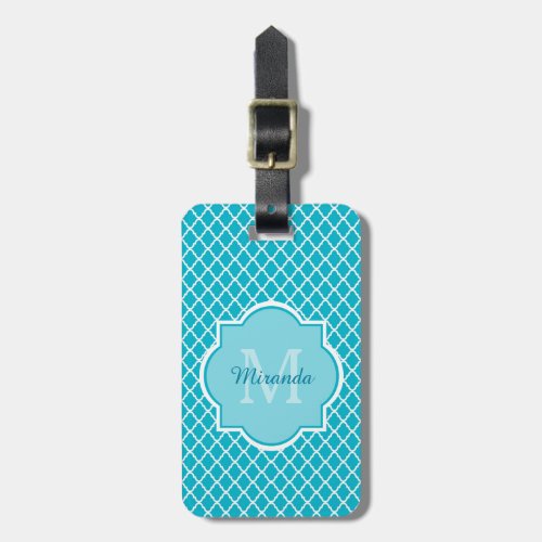 Classy Turquoise Blue Quatrefoil Monogram and Name Luggage Tag