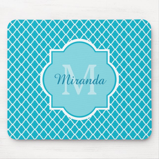 Classy Turquoise Blue Quatrefoil Monogram and Name Mouse Pad (Front)