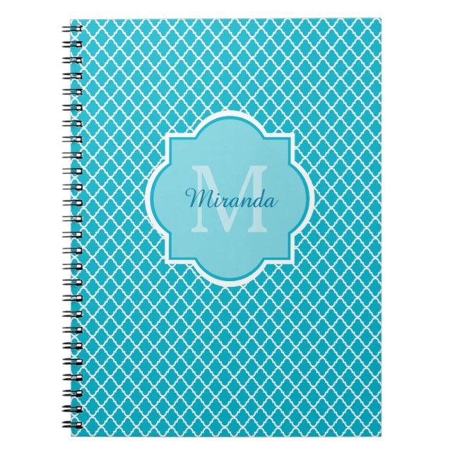 Classy Turquoise Blue Quatrefoil Monogram and Name Notebook (Front)