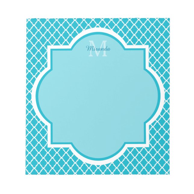 Classy Turquoise Blue Quatrefoil Monogram and Name Notepad (Front)