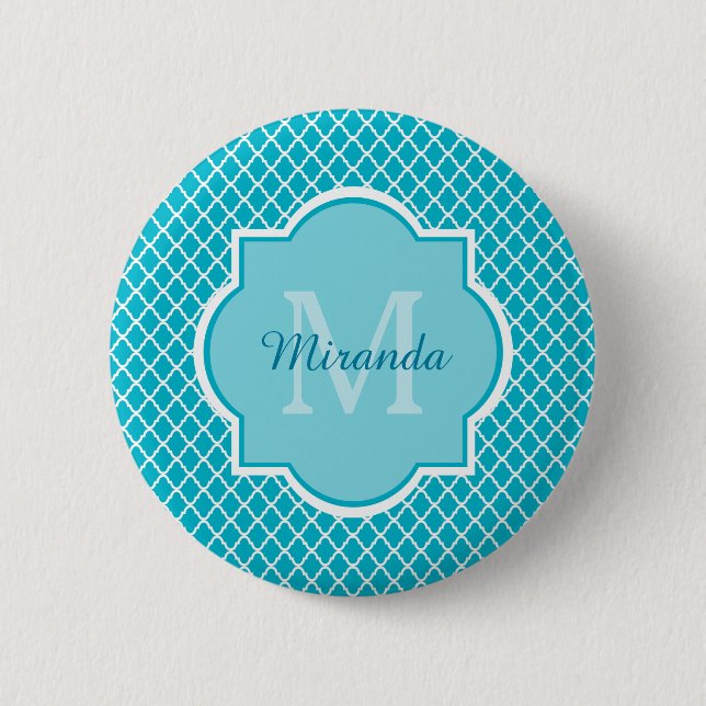Classy Turquoise Blue Quatrefoil Monogram and Name Pinback Button (Front)
