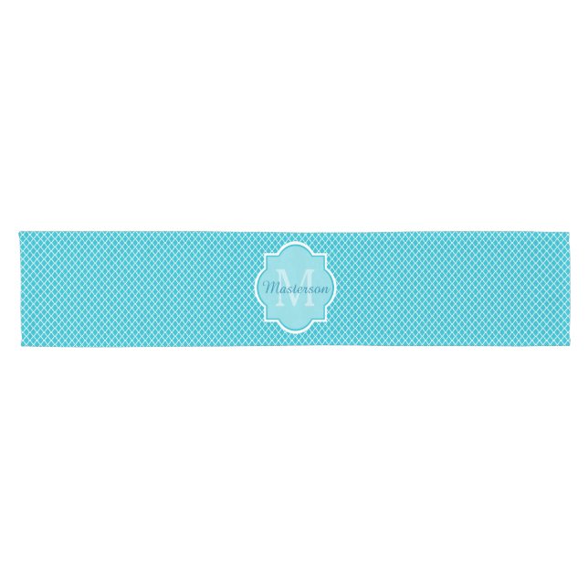 Classy Turquoise Blue Quatrefoil Monogram and Name Short Table Runner (Horizontal)