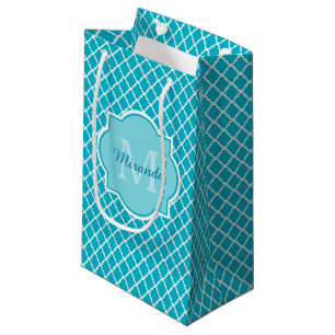 Classy Turquoise Blue Quatrefoil Monogram and Name Small Gift Bag