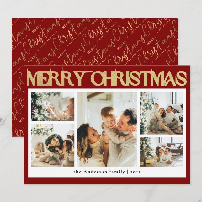 Classy Typography Photo Collage Red Christmas Holiday Card (Front/Back)