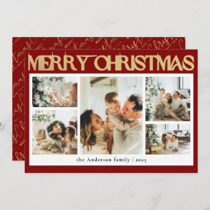 Classy Typography Photo Collage Red Christmas Holiday Card