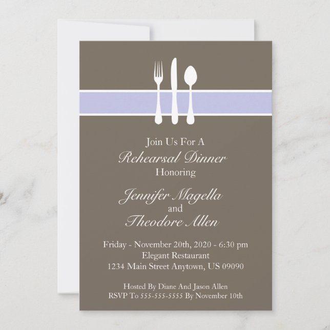 Classy Utensils Rehearsal Dinner Invite (Purple) (Front)