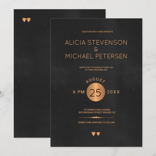 Classy vintage black and metallic copper wedding invitation (Front/Back)