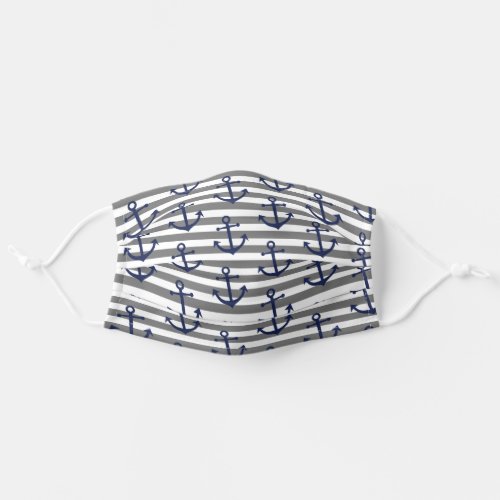 Classy Vintage Blue Anchor On White Gray Stripes Adult Cloth Face Mask