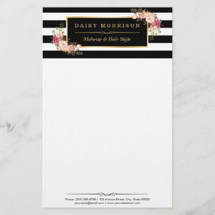 Classy Vintage Floral Gold Black White Stripes Stationery