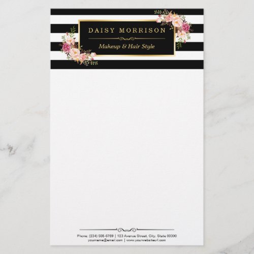 Classy Vintage Floral Gold Black White Stripes Stationery