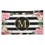 Classy Vintage Floral Monogram Black White Stripes Makeup Bag at Zazzle