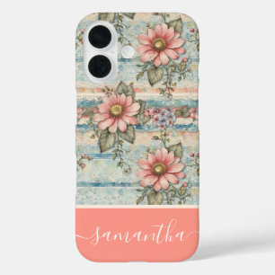 Classy Vintage Floral Pattern Peach Custom Name iPhone 16 Case