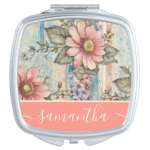 Classy Vintage Floral Pattern Peach Custom Name Compact Mirror