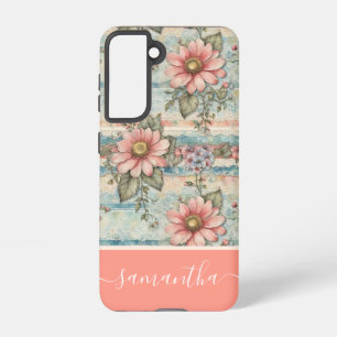 Classy Vintage Floral Pattern Peach Custom Name Samsung Galaxy S21 Case