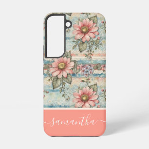Classy Vintage Floral Pattern Peach Custom Name Samsung Galaxy S22 Case