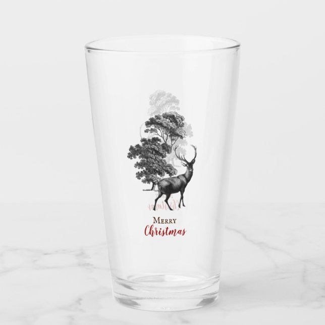 Classy Vintage Merry Christmas Black Toile Deer Glass (Front)
