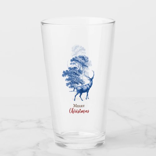 Classy Vintage Merry Christmas Blue Toile Deer  Glass