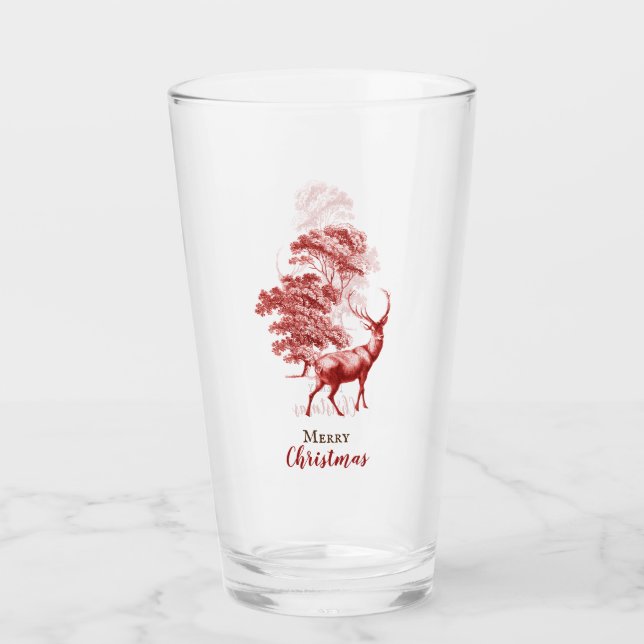 Classy Vintage Merry Christmas Red Toile Deer  Glass (Front)